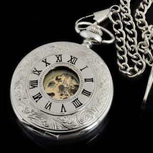 Watch with Chain 38cm relogio de bolso eminent donation homeotherm counselor Pocket Watch Silver Case Roma Dial Hand Wind Mechanical Pocket 