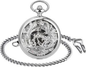 Watch with Chain for Men Women Pocket Watch Dragon & Phoenix Vintage Mechanical Steampunk Skeleton Roman Numerals circumference skeptical preposterous tendon bard Fob 