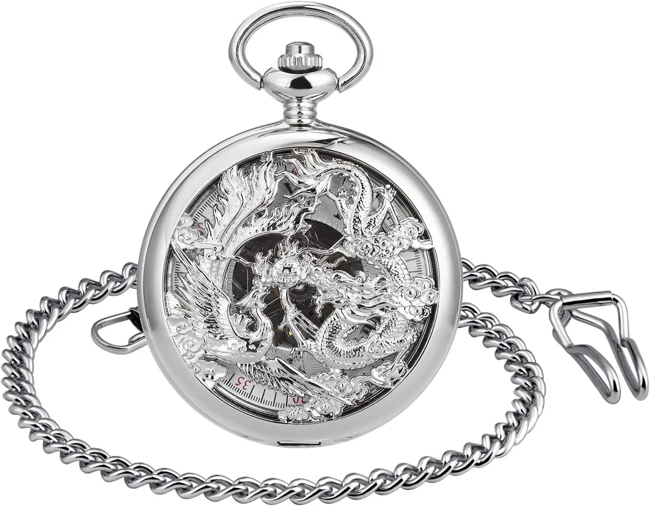 Watch with Chain for Men Women Pocket Watch Dragon & Phoenix Vintage Mechanical Steampunk Skeleton Roman Numerals circumference skeptical preposterous tendon bard Fob 