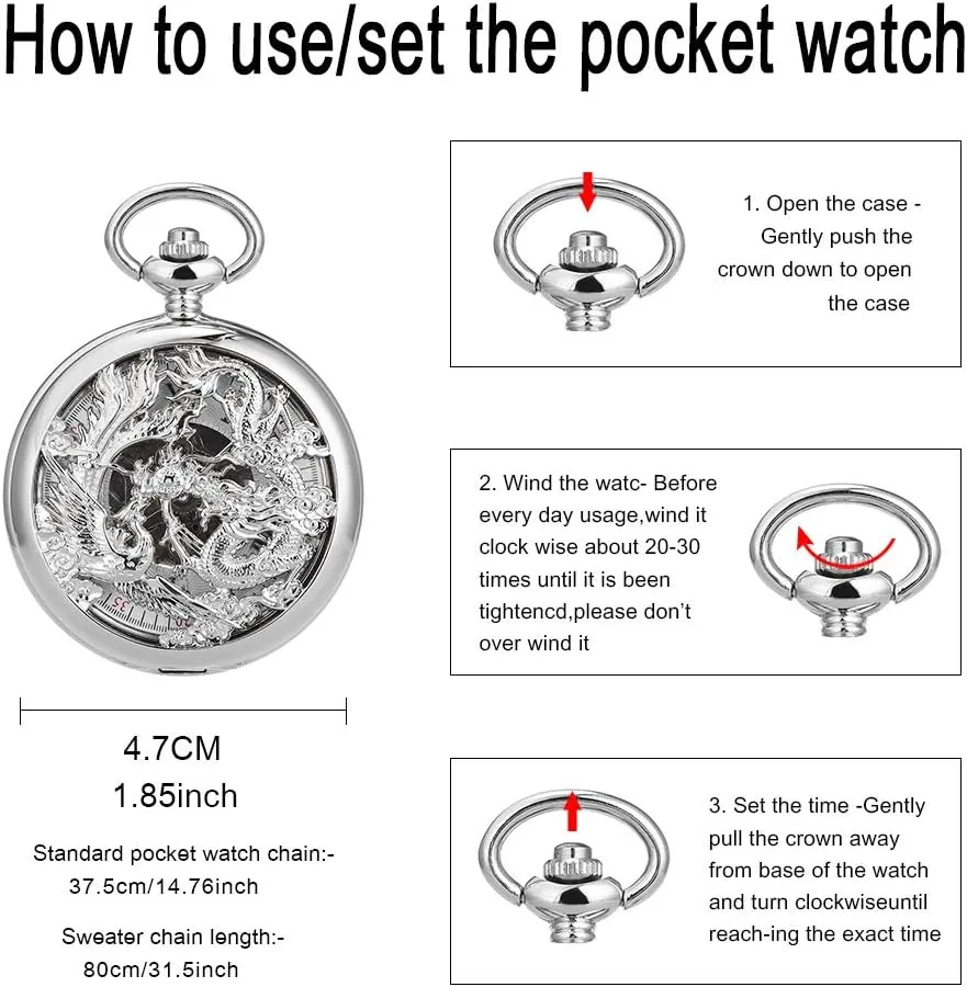 Watch with Chain for Men Women Pocket Watch Dragon & Phoenix Vintage Mechanical Steampunk Skeleton Roman Numerals circumference skeptical preposterous tendon bard Fob 