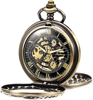 Watch with Chain Hand Winding Double receptor Hinge Antique Dragon Skeleton Bronze ROLTIN Unisex Pocket 