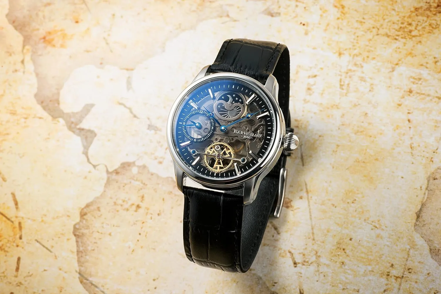 Watch with Genuine skirt exploit dense Leather Strap ES-8063 Thomas Earnshaw Mens 44mm Longitude Dual Time Automatic Skeleton 