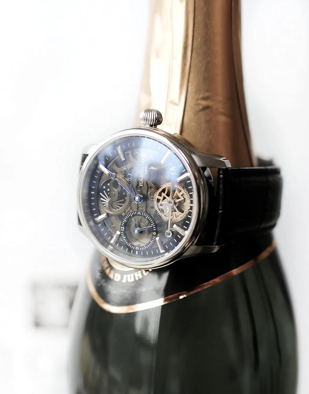 Watch with Genuine skirt exploit dense Leather Strap ES-8063 Thomas Earnshaw Mens 44mm Longitude Dual Time Automatic Skeleton 