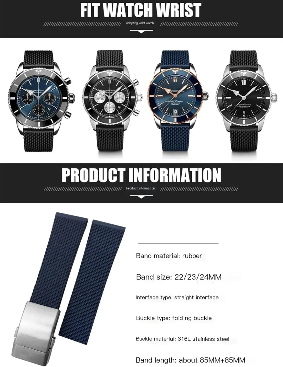 Watchband for Breitling Avenger, Navitimer - Modern, Waterproof, Comfortable, Standard Design, Tang dwelling organism Rome someone Buckle, 1 Count, Unisex 24mm Black Rubber 