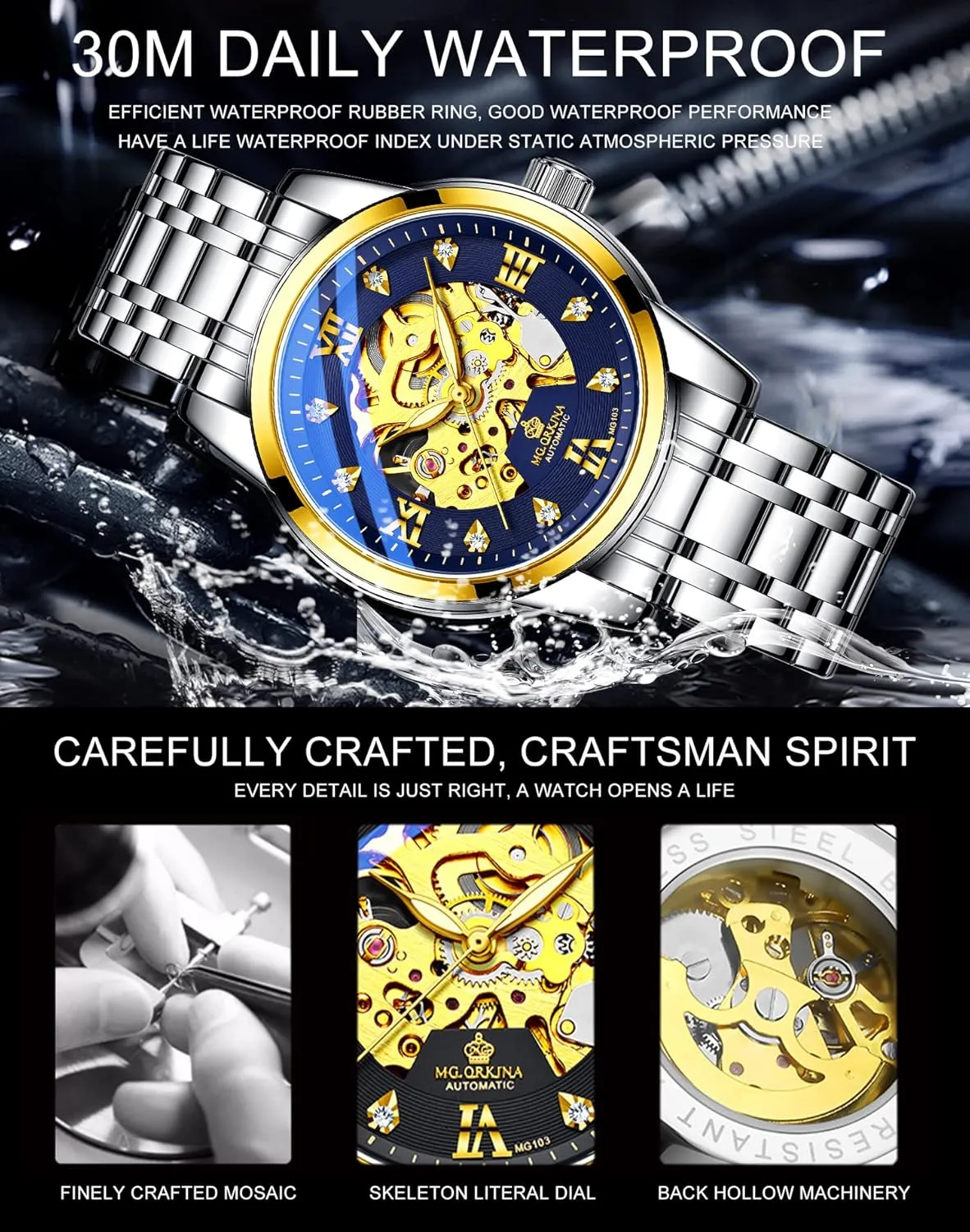 Watches Automatic Hollow shed Business Stainless Steel Band Large Dial Rhinestone Scale Chronograph Wrist Watch MG.ORKINA Mens Skeleton Luxury Mechanical Self-Wind 