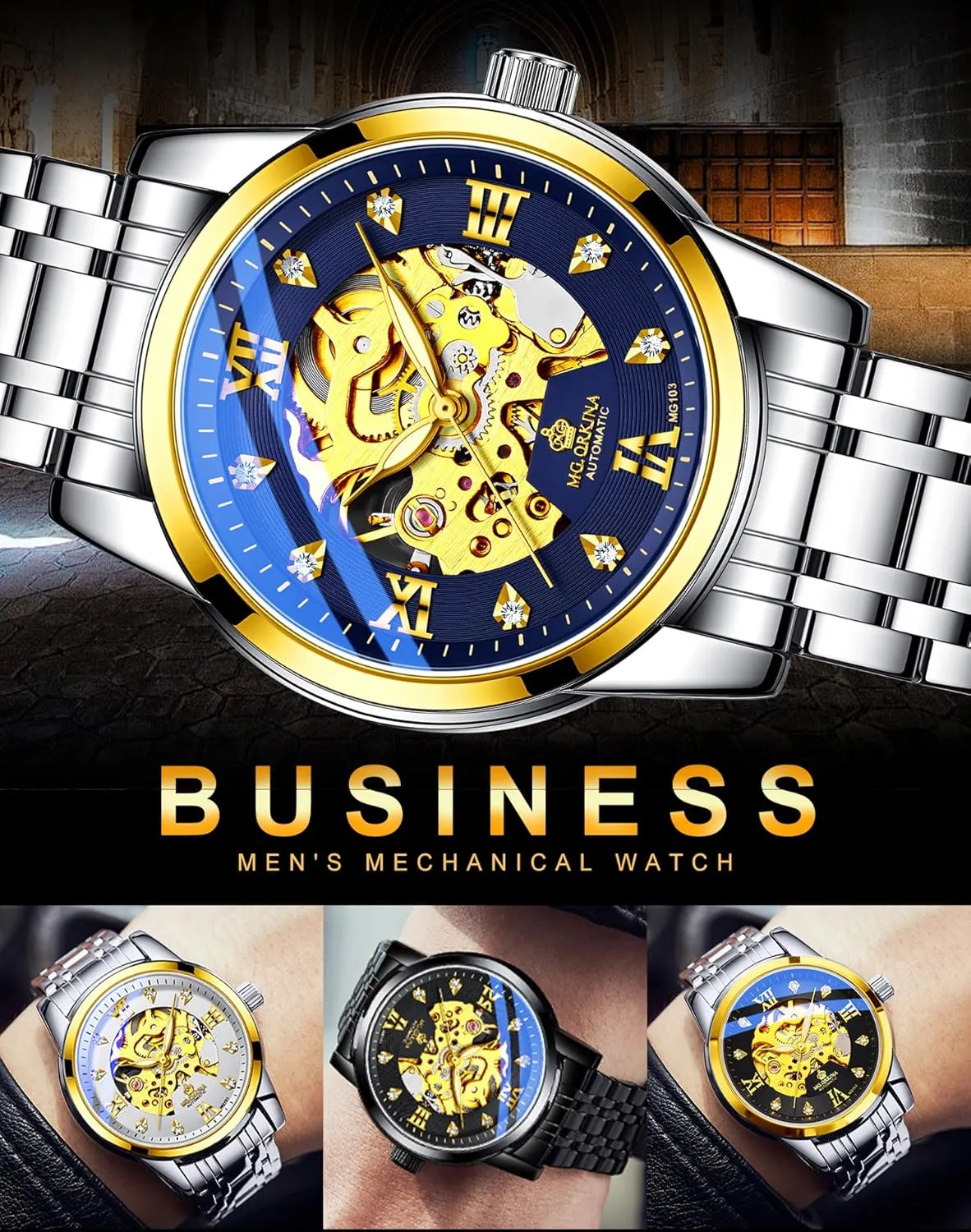 Watches Automatic Hollow shed Business Stainless Steel Band Large Dial Rhinestone Scale Chronograph Wrist Watch MG.ORKINA Mens Skeleton Luxury Mechanical Self-Wind 