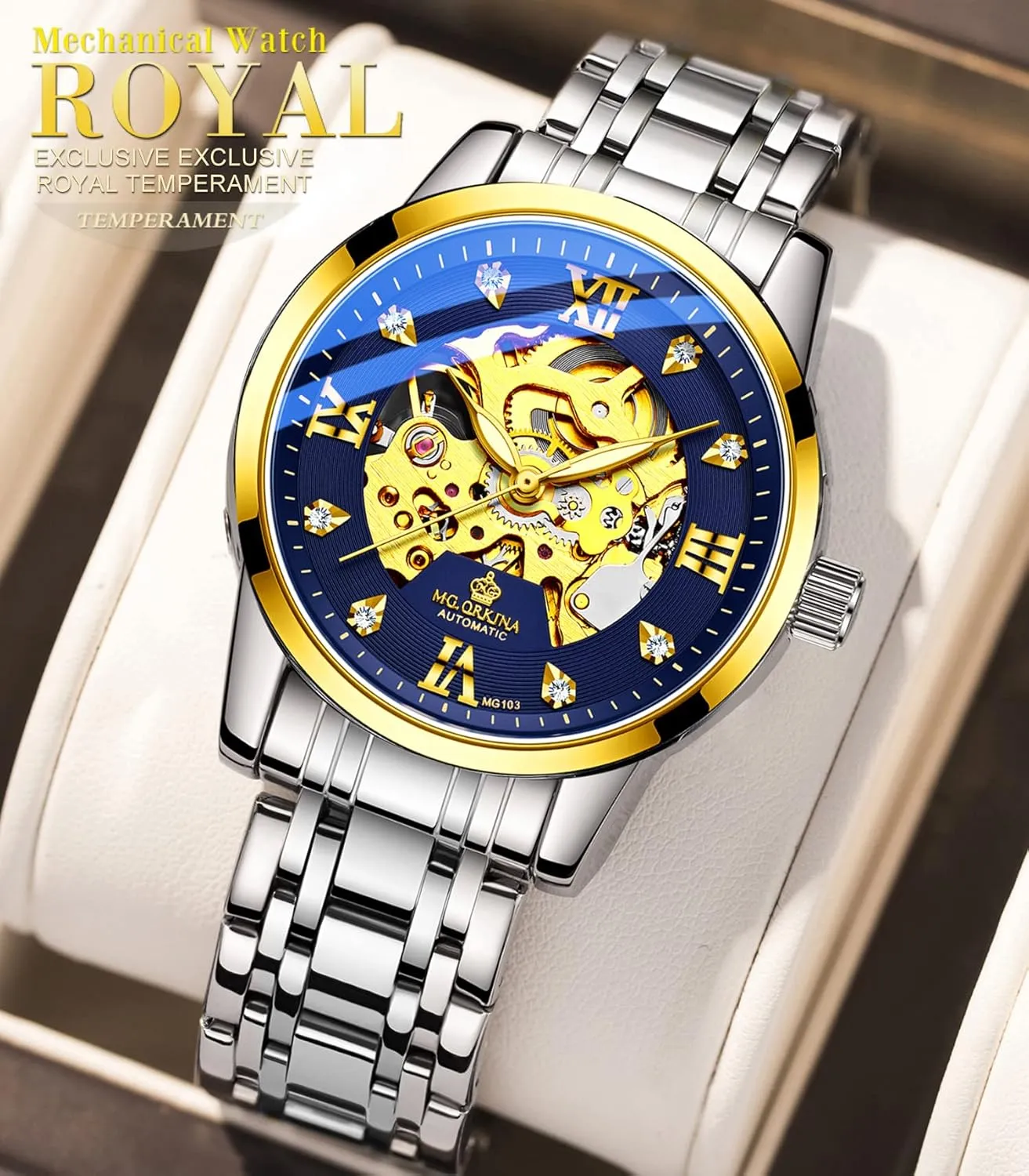 Watches Automatic Hollow shed Business Stainless Steel Band Large Dial Rhinestone Scale Chronograph Wrist Watch MG.ORKINA Mens Skeleton Luxury Mechanical Self-Wind 