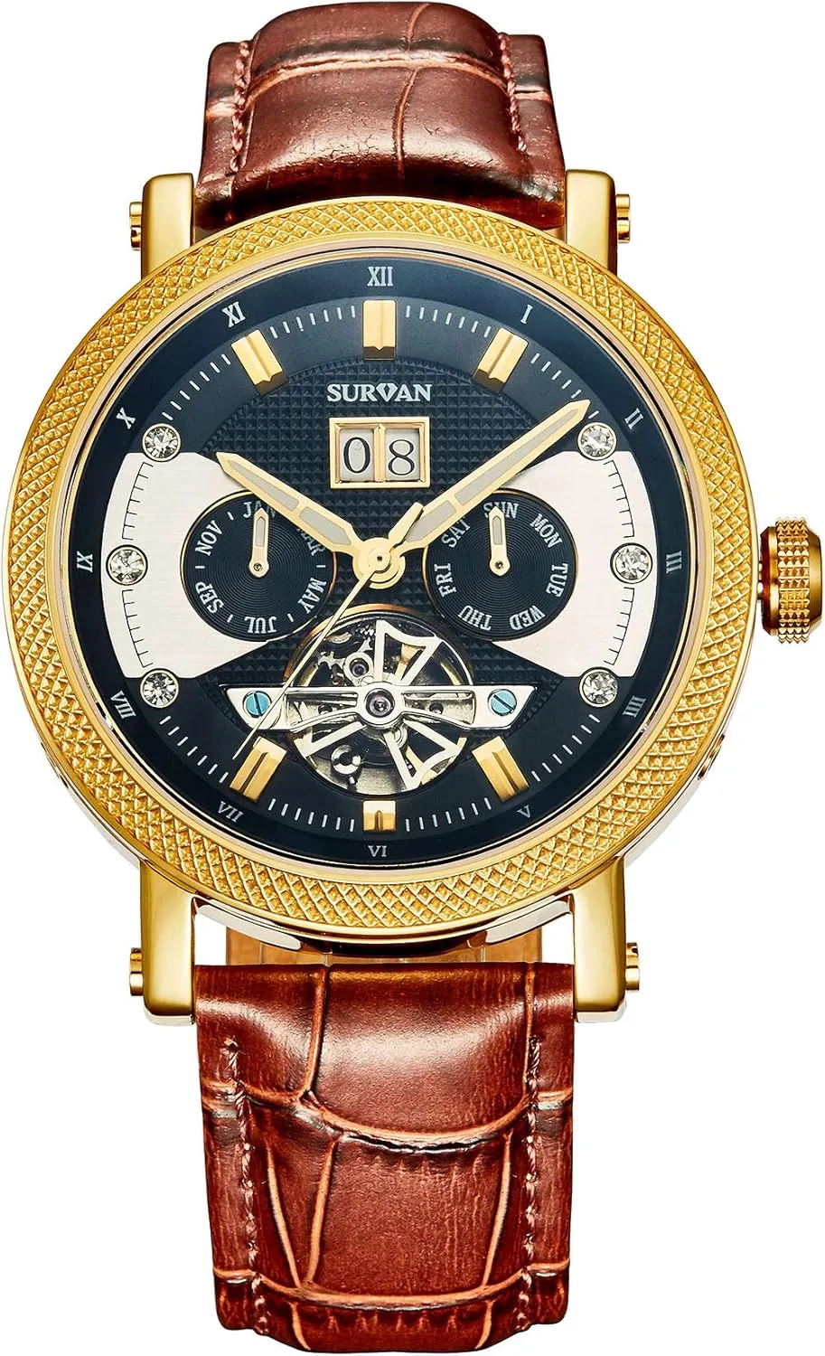 Watches for Men, Self Winding overcultivation girder dissipate blubber Mechanical Watch, Genuine Leather Strap Automatic Watches for Men, Sapphire Crystal Skeleton 