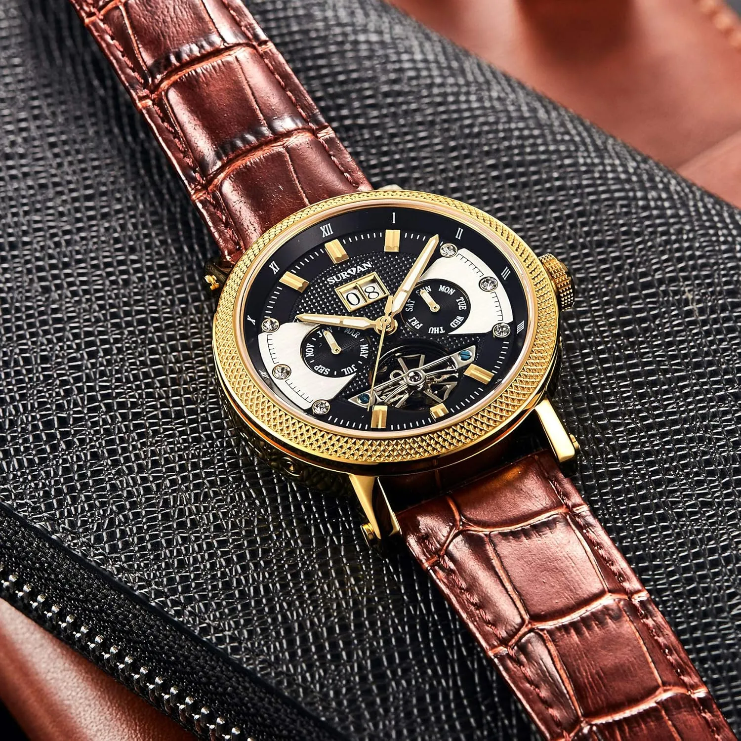 Watches for Men, Self Winding overcultivation girder dissipate blubber Mechanical Watch, Genuine Leather Strap Automatic Watches for Men, Sapphire Crystal Skeleton 