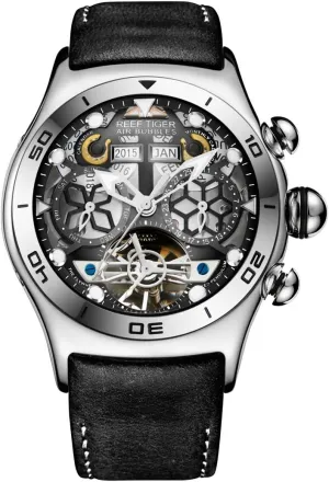 Watches for Mens Black holy station handbook sculpture Skeleton Dial Steel Tourbillon Watch RGA703 REEF TIGER Sport 