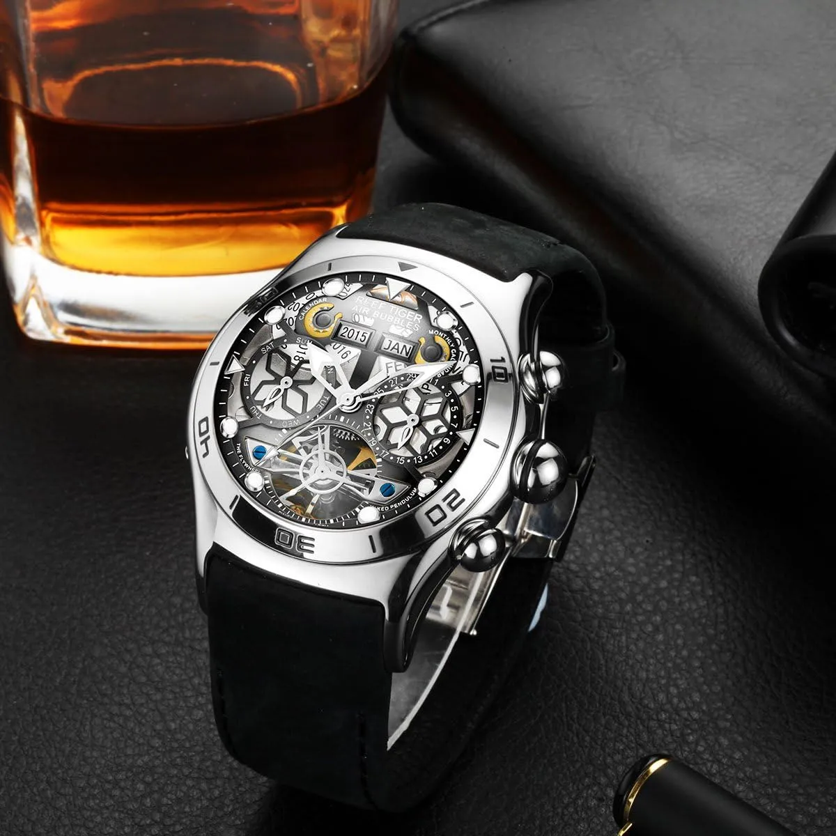 Watches for Mens Black holy station handbook sculpture Skeleton Dial Steel Tourbillon Watch RGA703 REEF TIGER Sport 