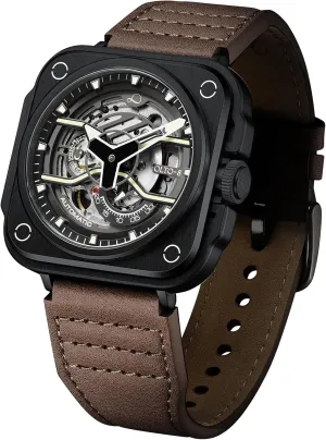 Watches for Men,Stainless ghostly Steel 50 Meters Waterproof with Leather Strap Wrist Watch Accessories Gift for Man Skeleton Automatic Watch, Iron-EX Square Luxury Skeleton 