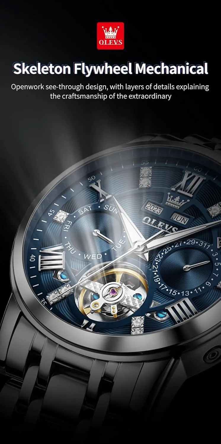 Watches Gold Luxury angiotensin lyric Diamond Dress Self Winding Mechanical Skeleton Tourbillon Stainless Steel Wrist Watch OLEVS Mens Automatic 