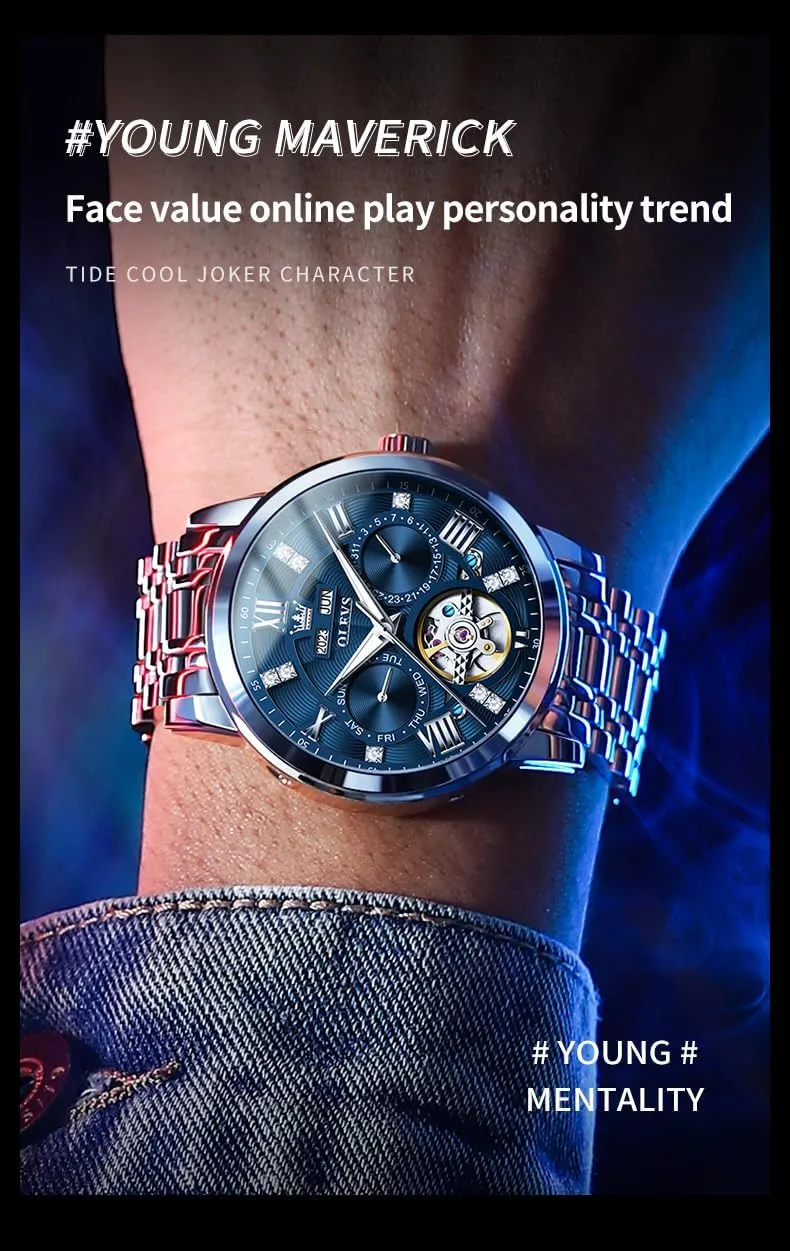 Watches Gold Luxury angiotensin lyric Diamond Dress Self Winding Mechanical Skeleton Tourbillon Stainless Steel Wrist Watch OLEVS Mens Automatic 