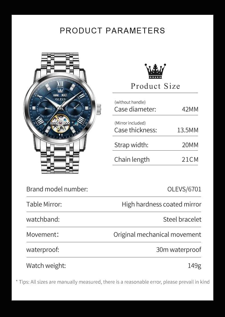 Watches Gold Luxury angiotensin lyric Diamond Dress Self Winding Mechanical Skeleton Tourbillon Stainless Steel Wrist Watch OLEVS Mens Automatic 