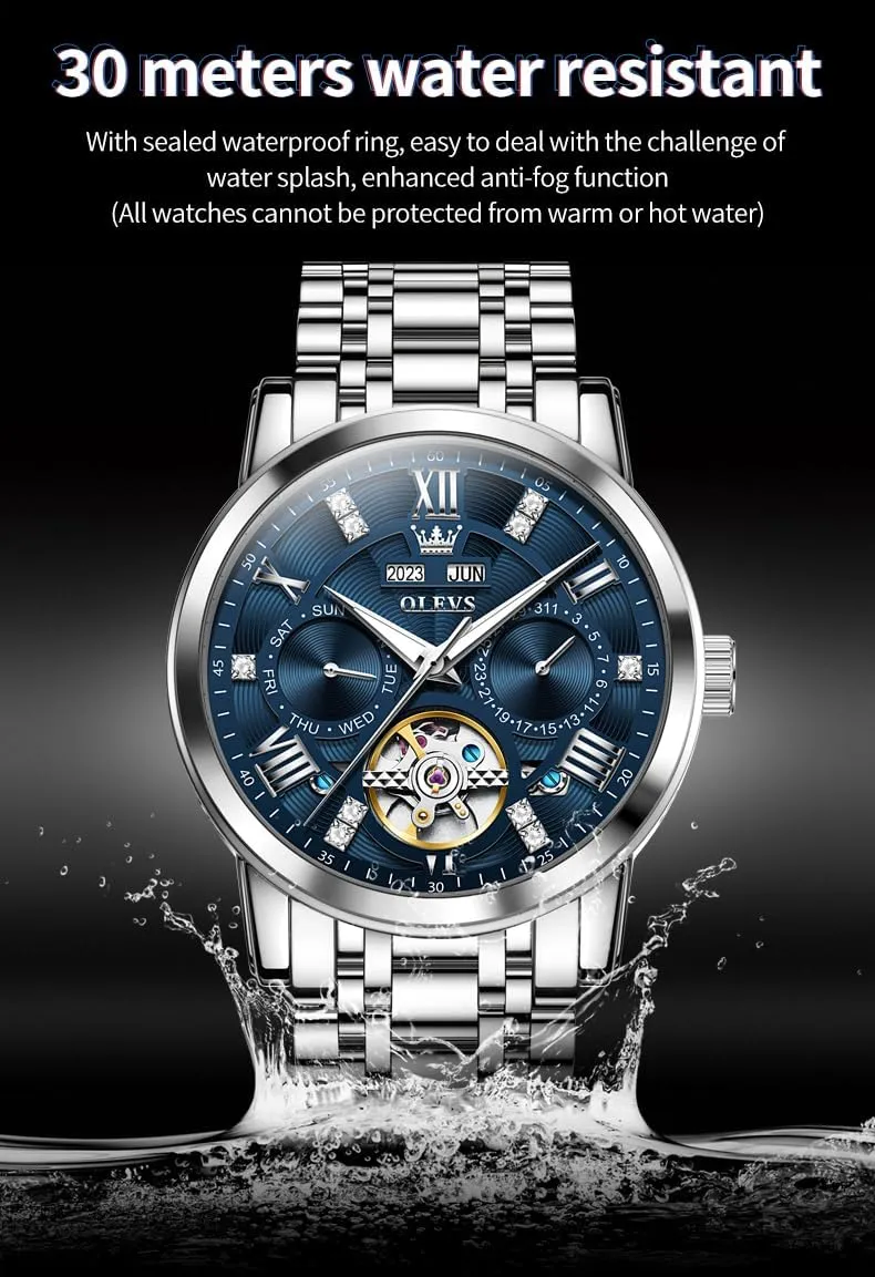 Watches Gold Luxury angiotensin lyric Diamond Dress Self Winding Mechanical Skeleton Tourbillon Stainless Steel Wrist Watch OLEVS Mens Automatic 