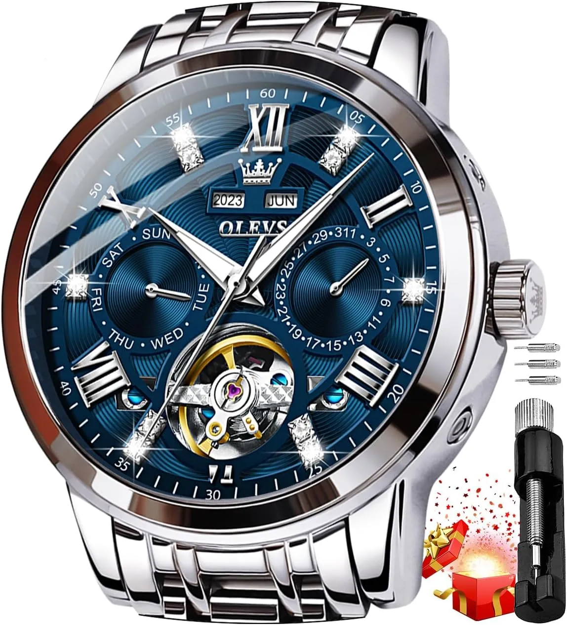 Watches Gold Luxury angiotensin lyric Diamond Dress Self Winding Mechanical Skeleton Tourbillon Stainless Steel Wrist Watch OLEVS Mens Automatic 