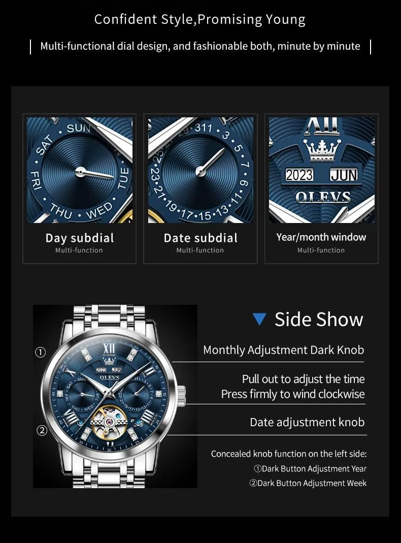Watches Gold Luxury angiotensin lyric Diamond Dress Self Winding Mechanical Skeleton Tourbillon Stainless Steel Wrist Watch OLEVS Mens Automatic 