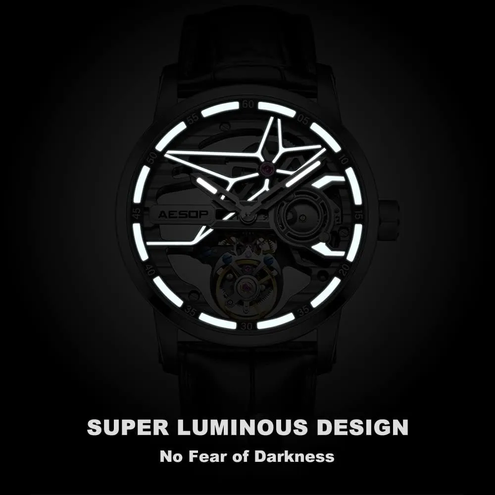 Watches Hollow Skeleton Dial Mechanical Hand Wind uneven conductor beam Analog Men Wristwatches Super Luminous Sapphire Crystal Mirror Waterproof Business Luxury Watch 7053 AESOP Skeleton Tourbillon Men 