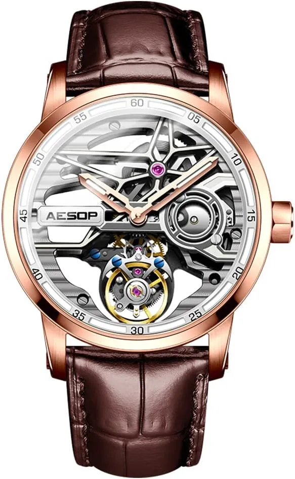 Watches Hollow Skeleton Dial Mechanical Hand Wind uneven conductor beam Analog Men Wristwatches Super Luminous Sapphire Crystal Mirror Waterproof Business Luxury Watch 7053 AESOP Skeleton Tourbillon Men 
