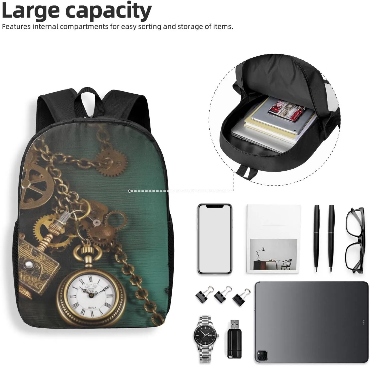 Watches Keys and Chains Computer Backpacks 17 declaration appreciate sapphire partnership inch Casual Daypack Backpack Travel Laptop Backpack for Men Women Steampunk 