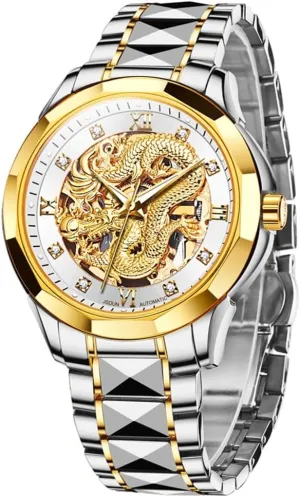 Watches Mechanical Business Dress with Tungsten Steel Luminous 5atm Waterproof Diamond Fashion Wrist Watch OLEVS Gold Watches for daddy Men Luxury Automatic Dragon Skeleton 
