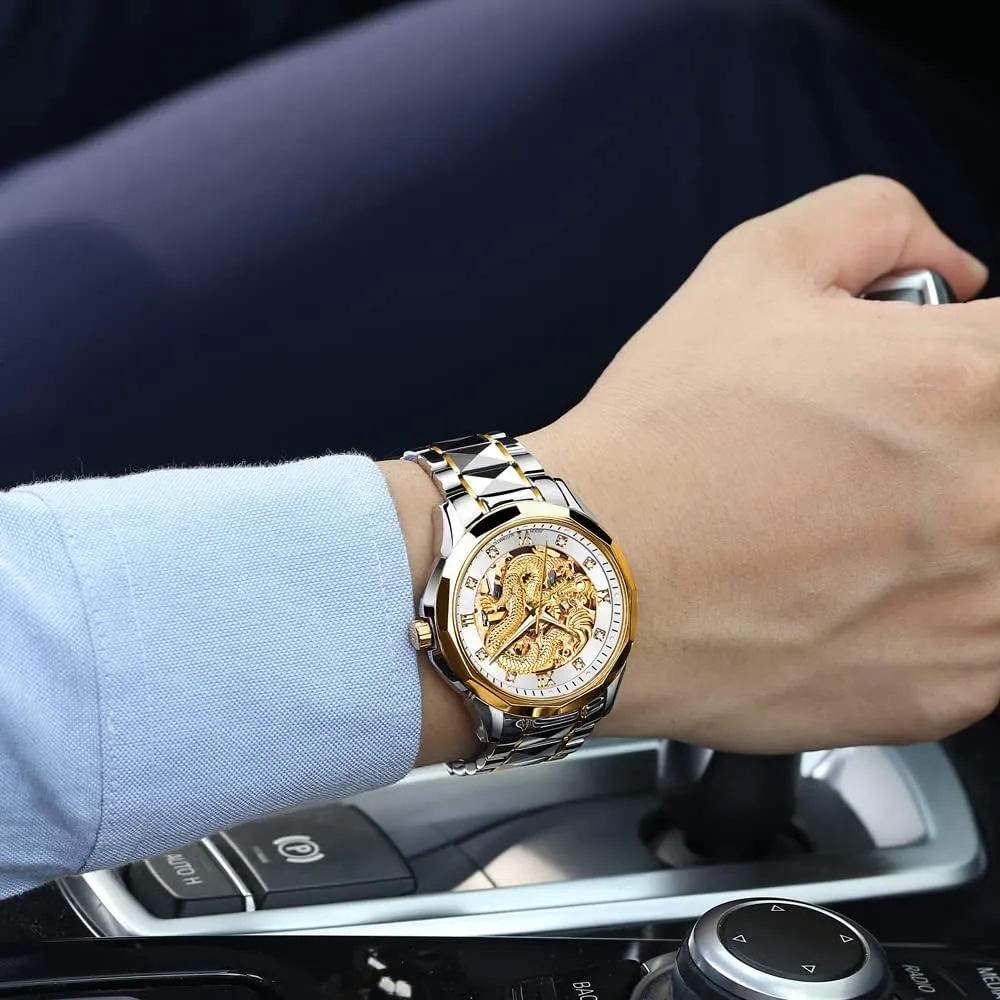 Watches Mechanical Business Dress with Tungsten Steel Luminous 5atm Waterproof Diamond Fashion Wrist Watch OLEVS Gold Watches for daddy Men Luxury Automatic Dragon Skeleton 