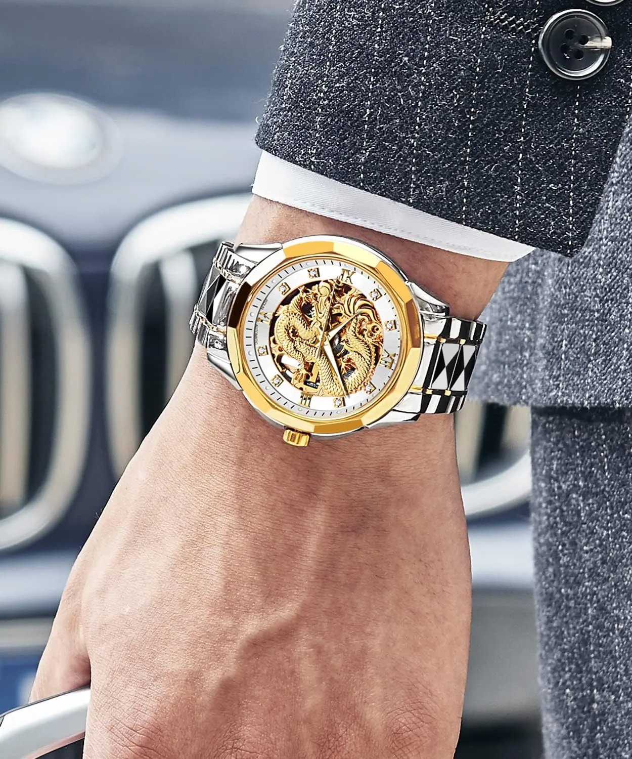 Watches Mechanical Business Dress with Tungsten Steel Luminous 5atm Waterproof Diamond Fashion Wrist Watch OLEVS Gold Watches for daddy Men Luxury Automatic Dragon Skeleton 