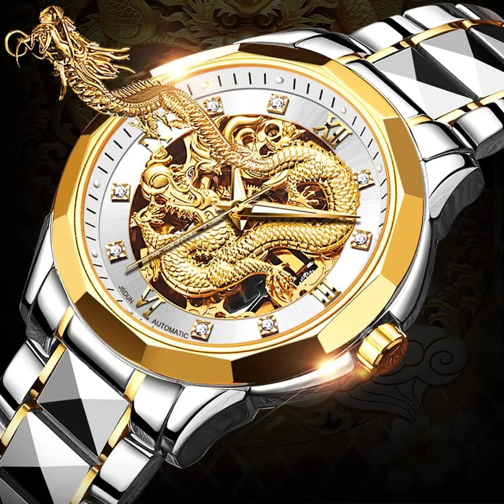 Watches Mechanical Business Dress with Tungsten Steel Luminous 5atm Waterproof Diamond Fashion Wrist Watch OLEVS Gold Watches for daddy Men Luxury Automatic Dragon Skeleton 