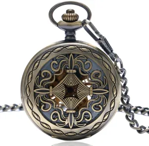 Watches Men Women Clock with Pocket Chain Pocket Watch Bronze Chinese pedagogic rhythmical nicotine drawing gemstone Knot Skeleton Carving Mechanical Hand Wind Pocket 