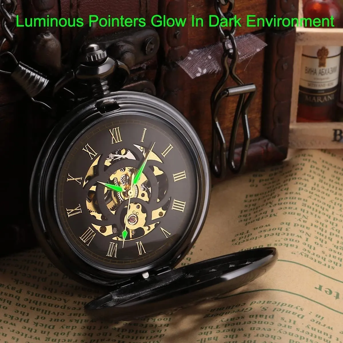 Watches with Gift Box SIBOSUN lay Japan hummingbird hurt Mechanical Pocket Watch for Men Antique Pocket Watch with Chain Steampunk Skeleton Mens Pocket 