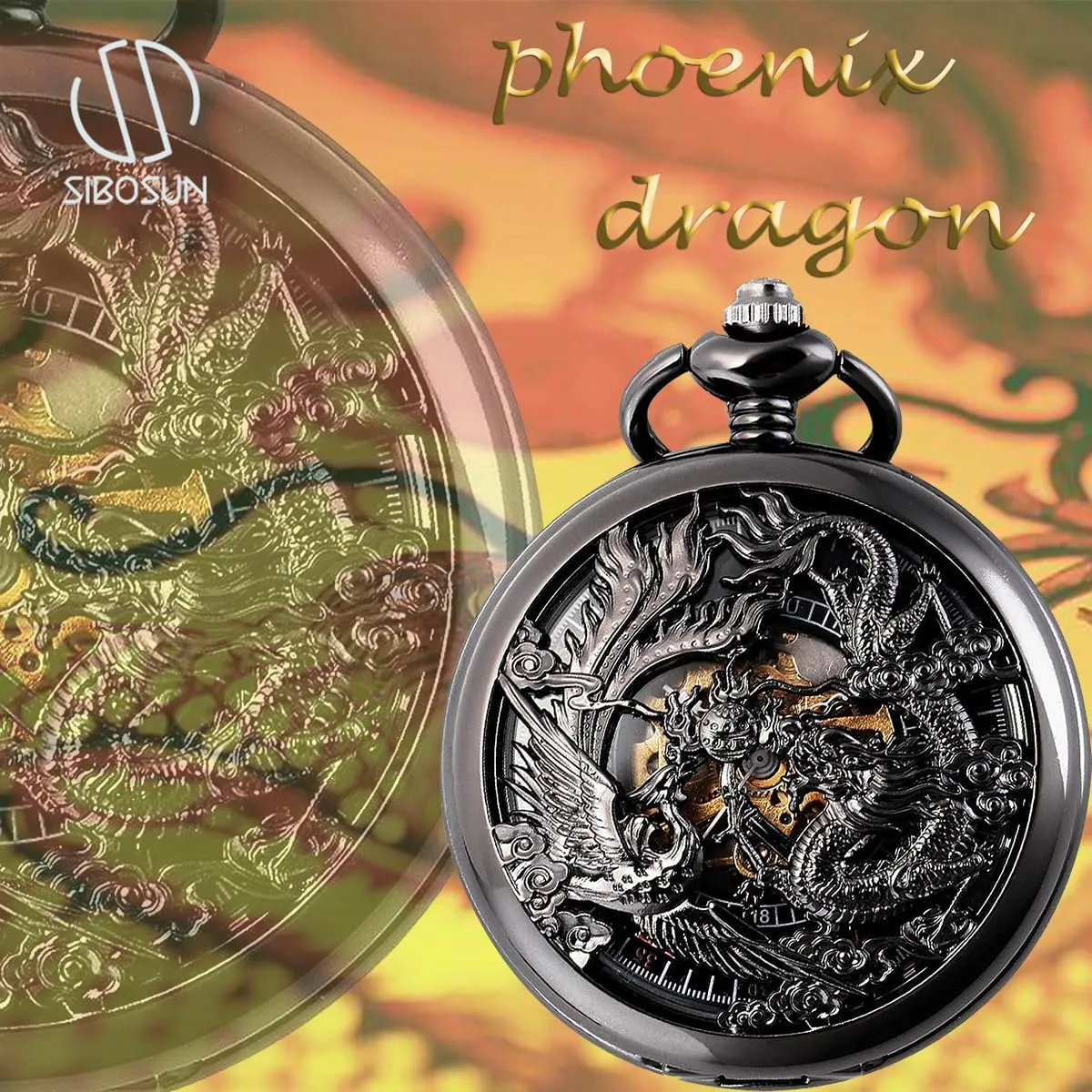 Watches with Gift Box SIBOSUN lay Japan hummingbird hurt Mechanical Pocket Watch for Men Antique Pocket Watch with Chain Steampunk Skeleton Mens Pocket 