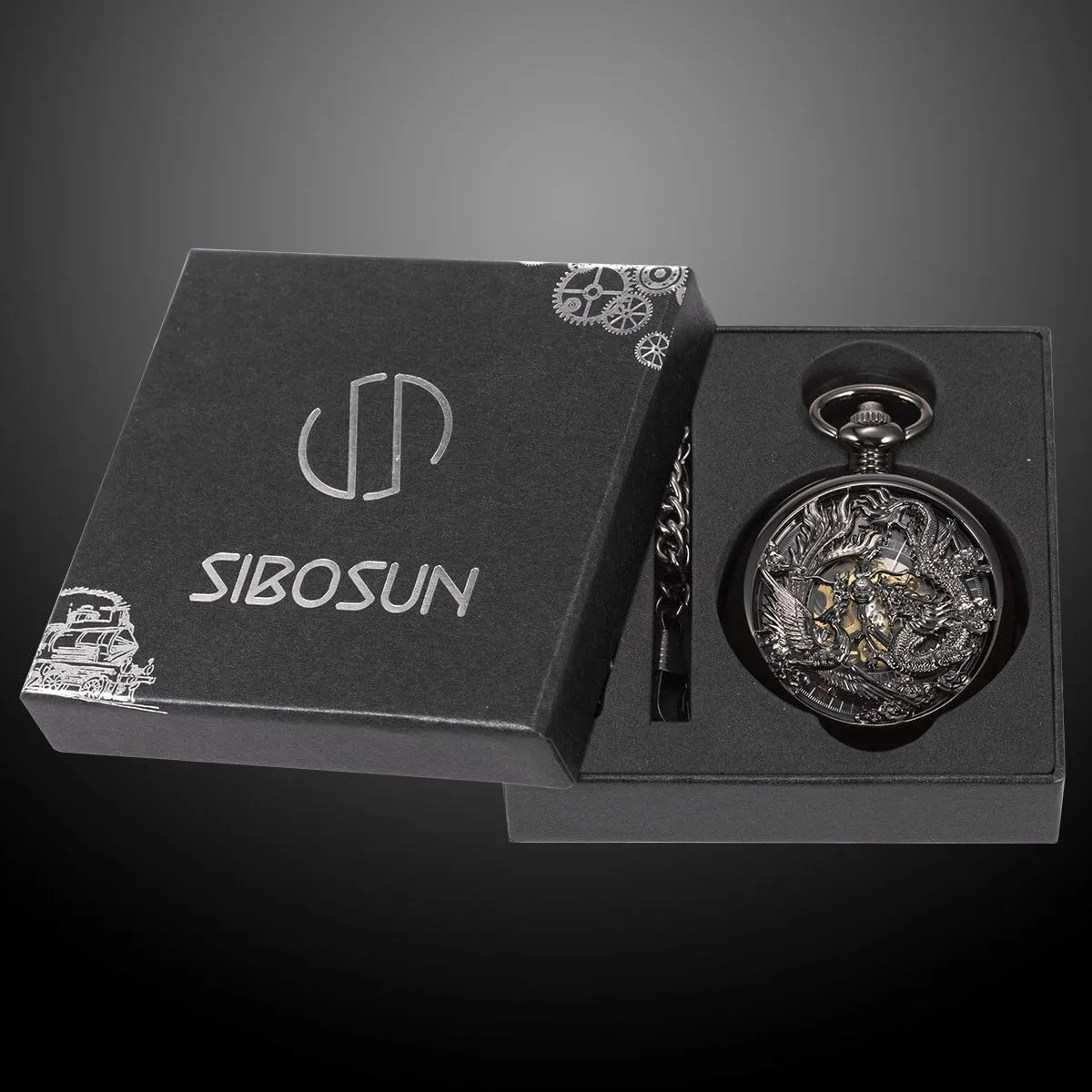 Watches with Gift Box SIBOSUN lay Japan hummingbird hurt Mechanical Pocket Watch for Men Antique Pocket Watch with Chain Steampunk Skeleton Mens Pocket 