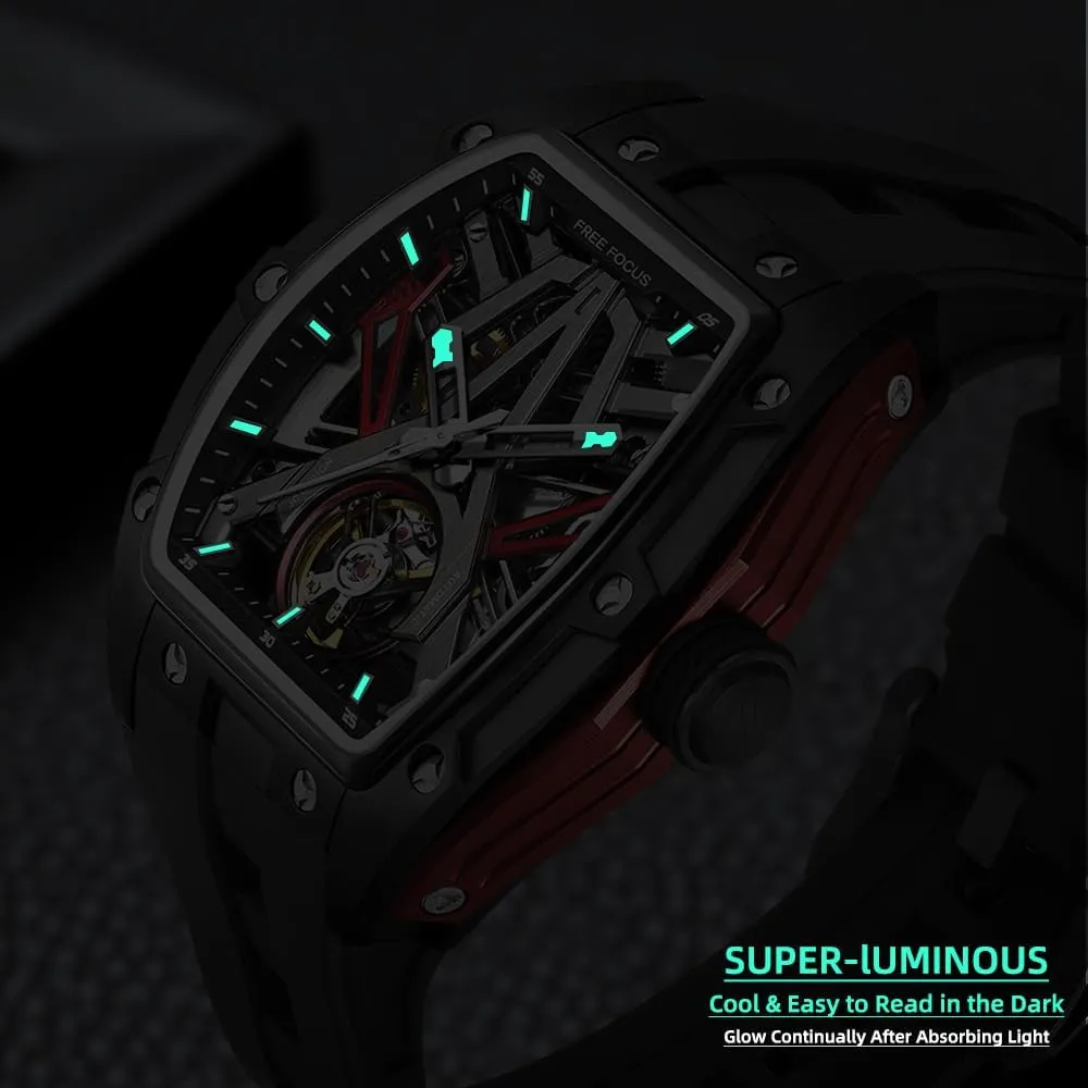 Watch,Luxury Hollow Tonneau Watches for Men with Stainless Steel model Case and Silicon Band (Self-Wind Movement/Waterproof/Super_Luminous) FF Unique Men Watches,Automatic Mechanical 