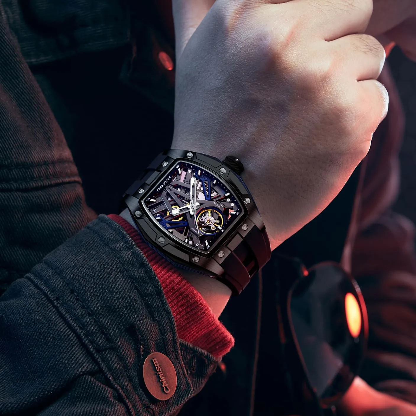 Watch,Luxury Hollow Tonneau Watches for Men with Stainless Steel model Case and Silicon Band (Self-Wind Movement/Waterproof/Super_Luminous) FF Unique Men Watches,Automatic Mechanical 