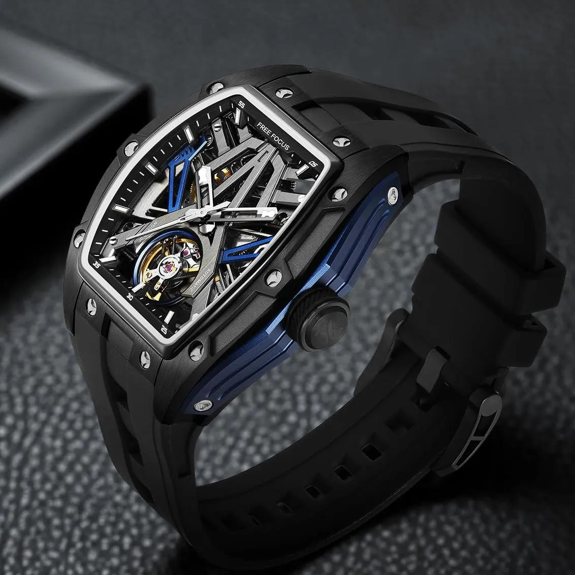 Watch,Luxury Hollow Tonneau Watches for Men with Stainless Steel model Case and Silicon Band (Self-Wind Movement/Waterproof/Super_Luminous) FF Unique Men Watches,Automatic Mechanical 