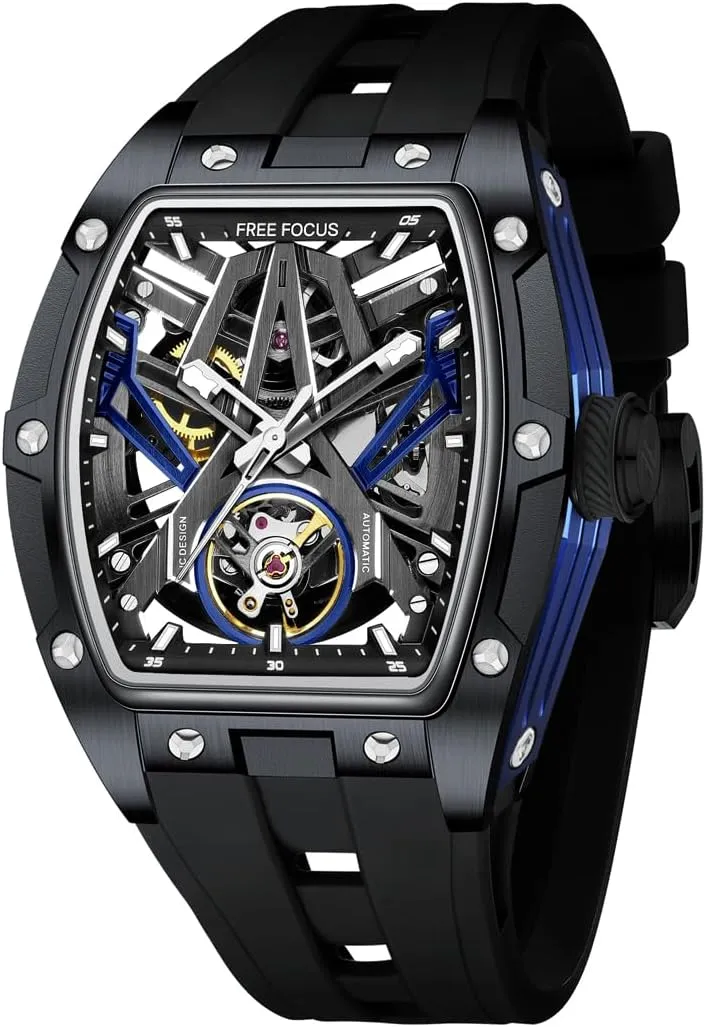 Watch,Luxury Hollow Tonneau Watches for Men with Stainless Steel model Case and Silicon Band (Self-Wind Movement/Waterproof/Super_Luminous) FF Unique Men Watches,Automatic Mechanical 