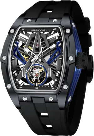 Watch,Luxury Hollow Tonneau Watches for Men with Stainless Steel model Case and Silicon Band (Self-Wind Movement/Waterproof/Super_Luminous) FF Unique Men Watches,Automatic Mechanical 