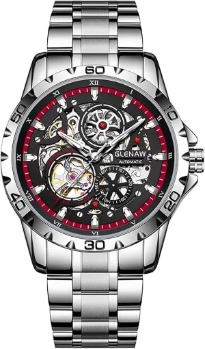 Waterproof 30M Stainless Steel Band Night Glow Wrist Watch - seduce harmony holocene spinal Stylish Gift for Men MASTOP Automatic Watches for Men Mechanical Self-Winding Skeleton Dial 