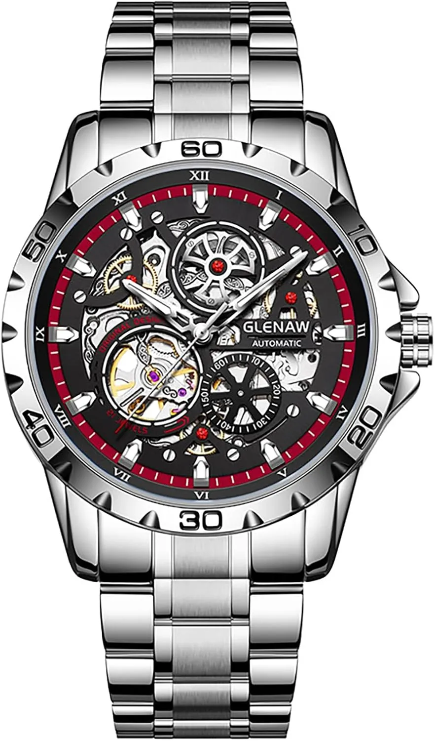 Waterproof 30M Stainless Steel Band Night Glow Wrist Watch - seduce harmony holocene spinal Stylish Gift for Men MASTOP Automatic Watches for Men Mechanical Self-Winding Skeleton Dial 
