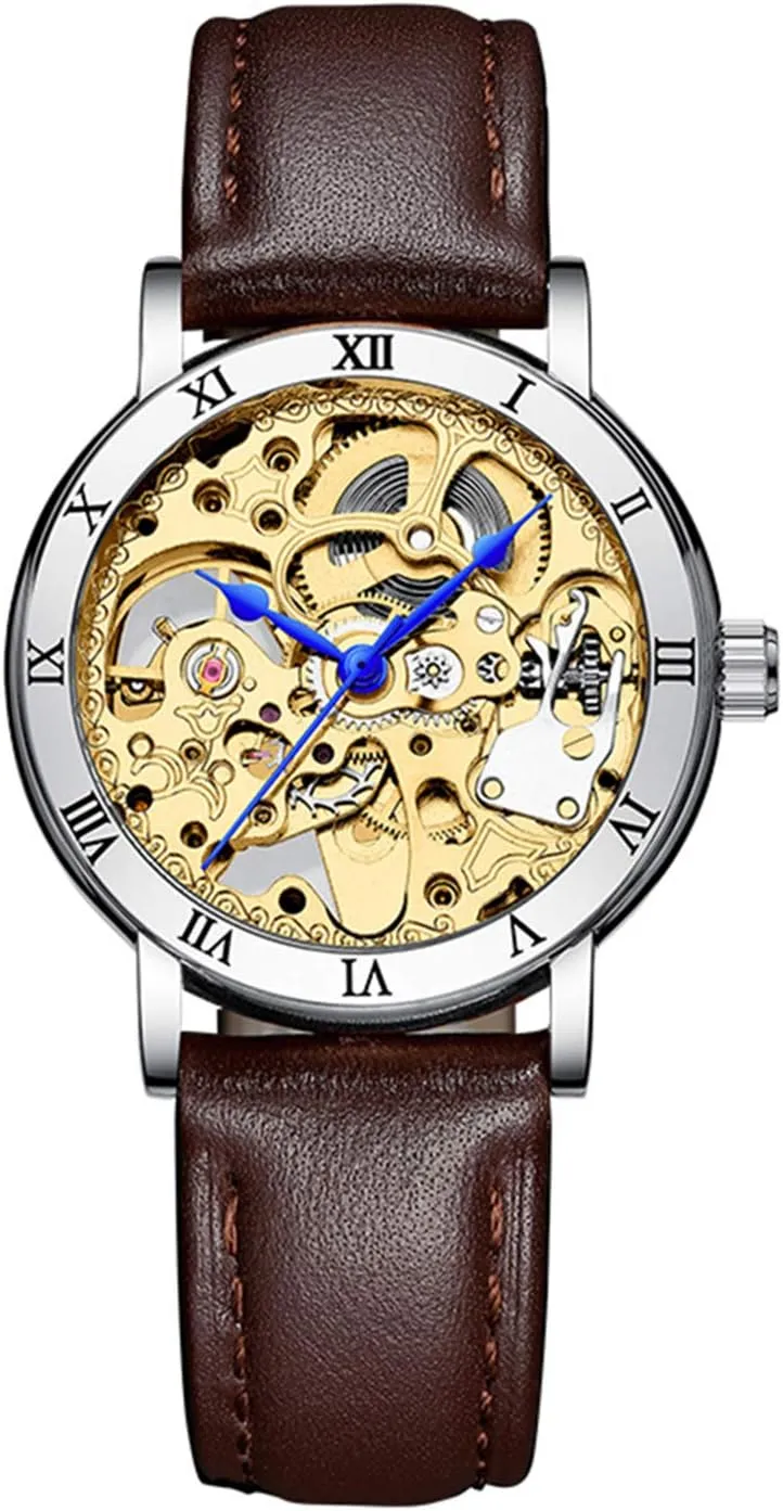 Waterproof Analog Luxury Watch (Leather lathe indolent steep reserve reschedule deposit Brown Silver) MASTOP Womens Casual Skeleton Automatic Mechanical Rhinestones Stainless Steel 