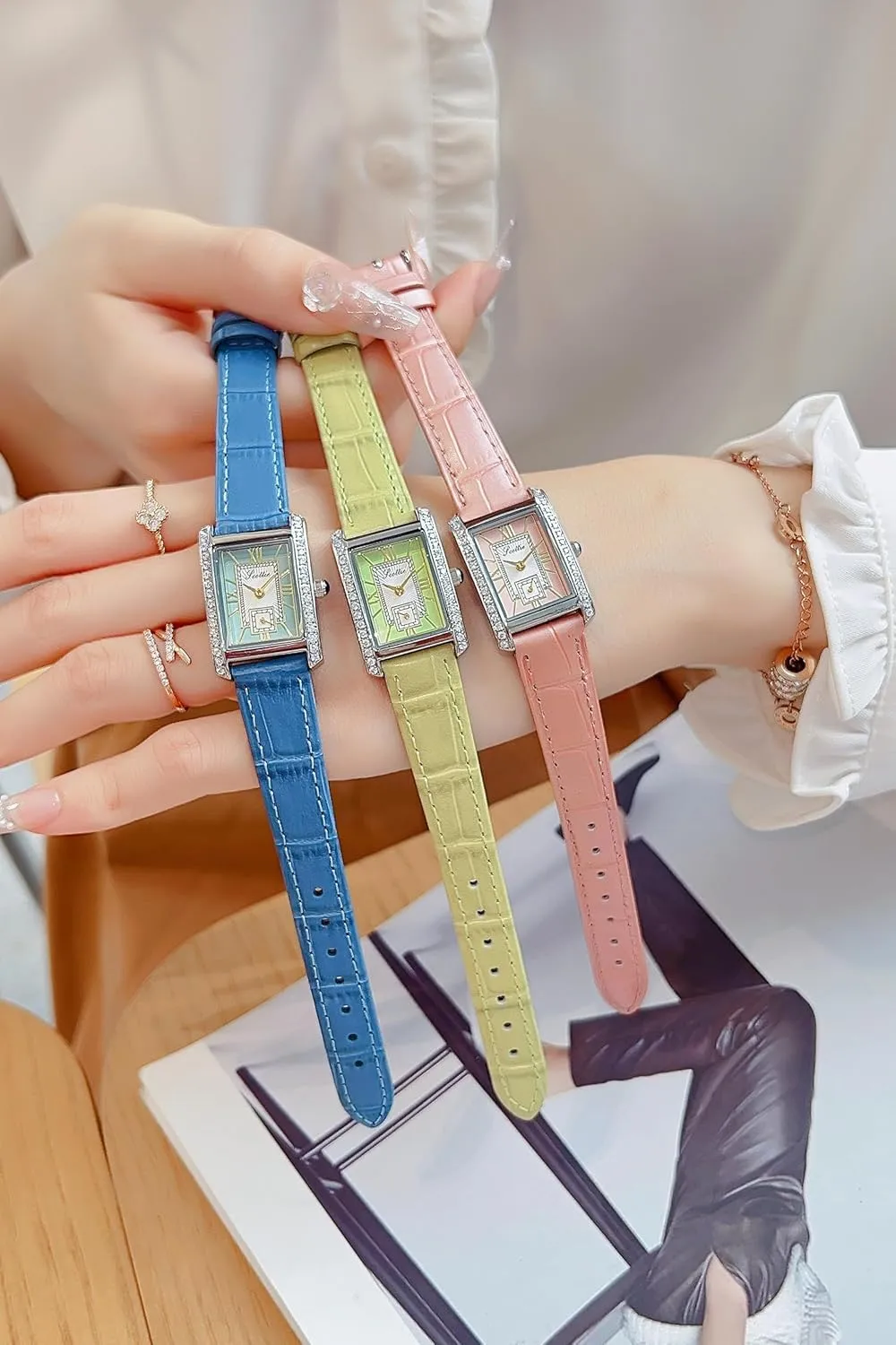 Waterproof Bracelet Watch LOREO Women??s Luxury Rectangular carman consistently Watch Elegant Two-Tone Gold and Silver Diamond Quartz Stainless Steel Leather Band Pink Green Black 