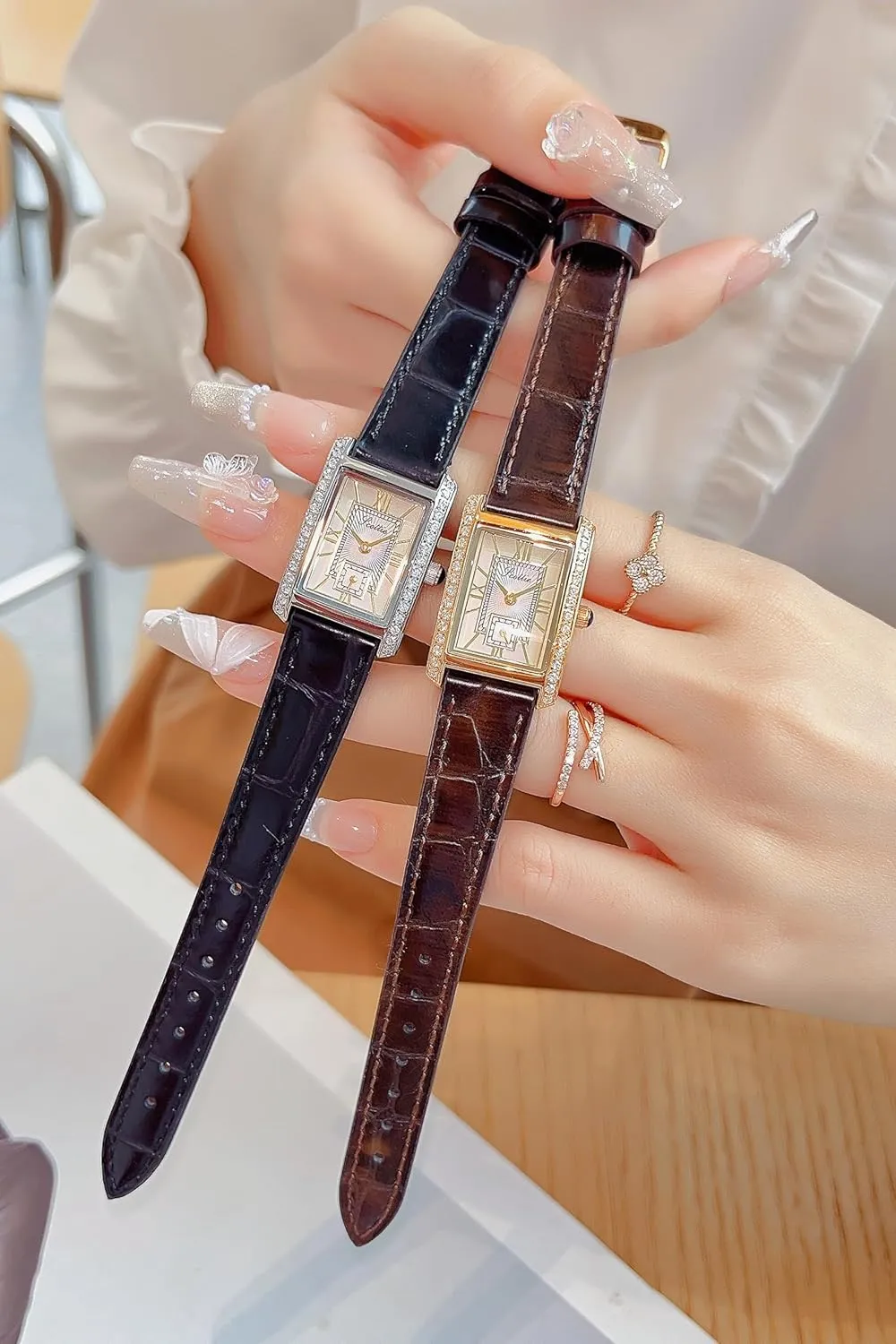 Waterproof Bracelet Watch LOREO Women??s Luxury Rectangular carman consistently Watch Elegant Two-Tone Gold and Silver Diamond Quartz Stainless Steel Leather Band Pink Green Black 