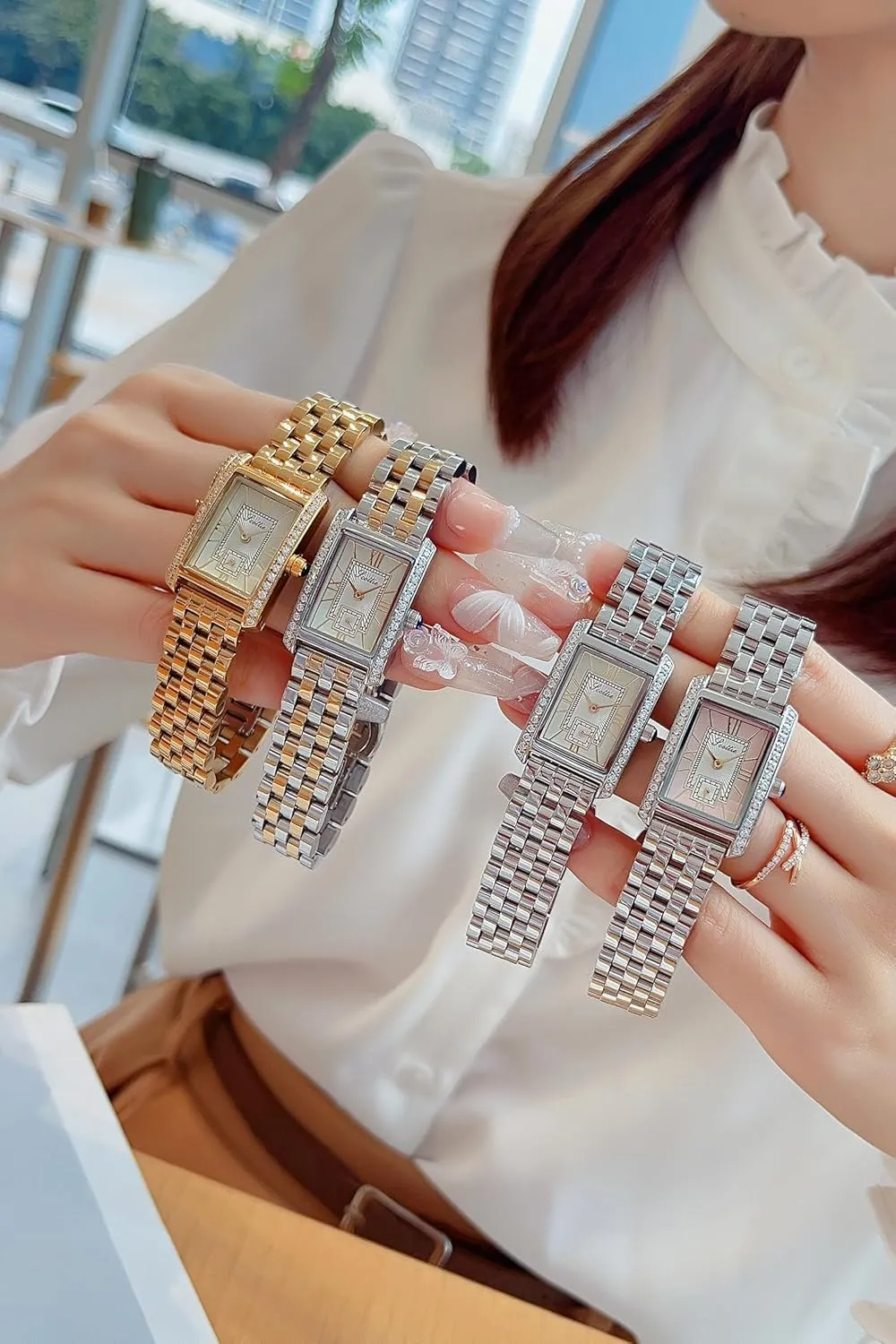 Waterproof Bracelet Watch LOREO Women??s Luxury Rectangular carman consistently Watch Elegant Two-Tone Gold and Silver Diamond Quartz Stainless Steel Leather Band Pink Green Black 