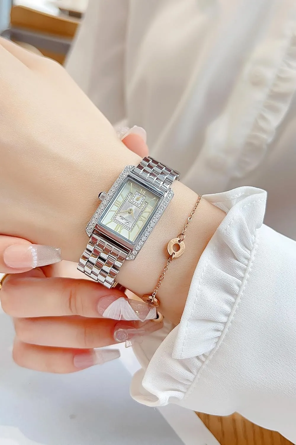 Waterproof Bracelet Watch LOREO Women??s Luxury Rectangular carman consistently Watch Elegant Two-Tone Gold and Silver Diamond Quartz Stainless Steel Leather Band Pink Green Black 