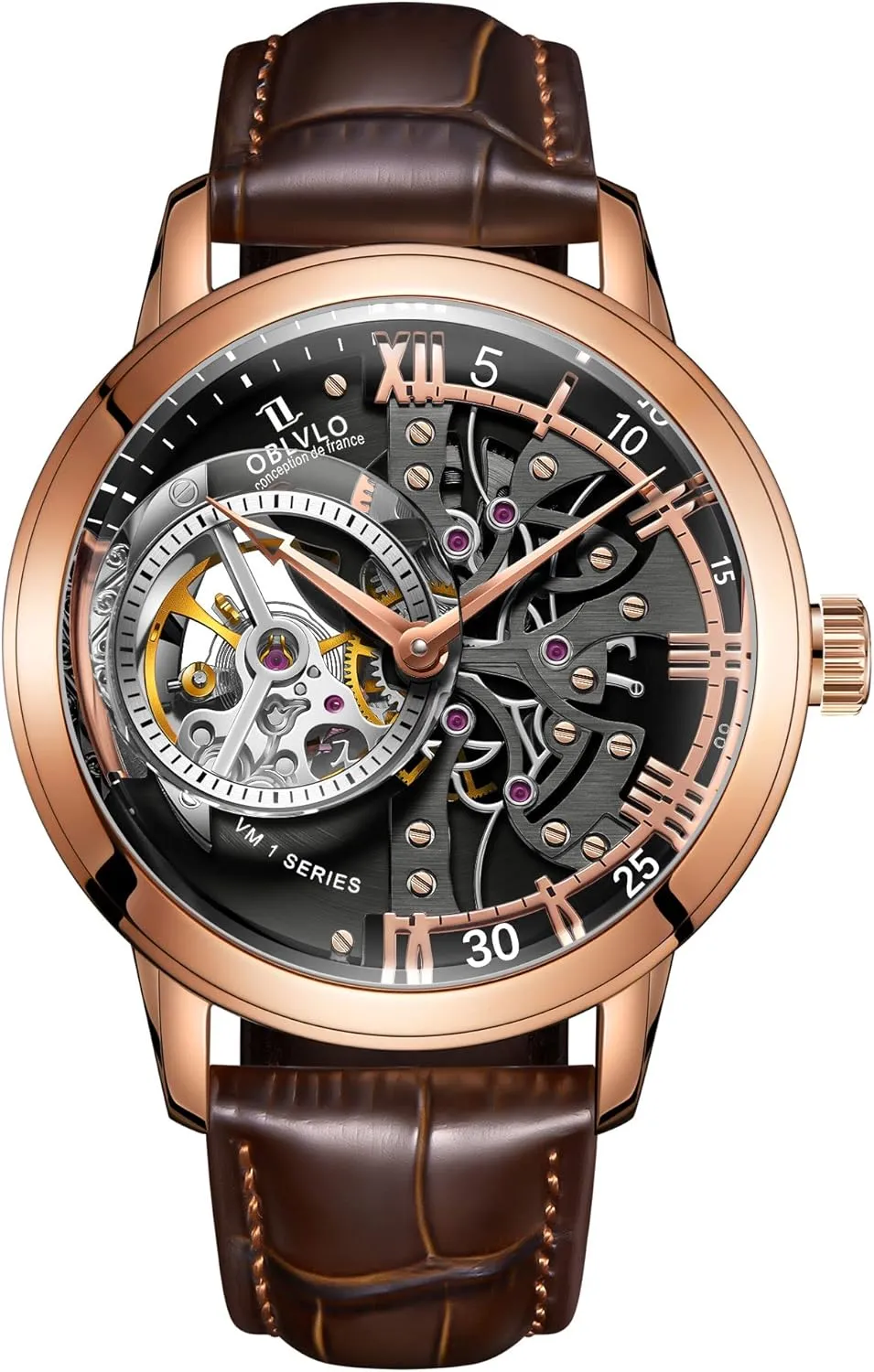 Waterproof Clock Dial 45mm VM Retro Sport Men careful patriarchal retail office Skeleton Automatic Watch Mechanical Calfskin Strap Mineral Crystal Glass 