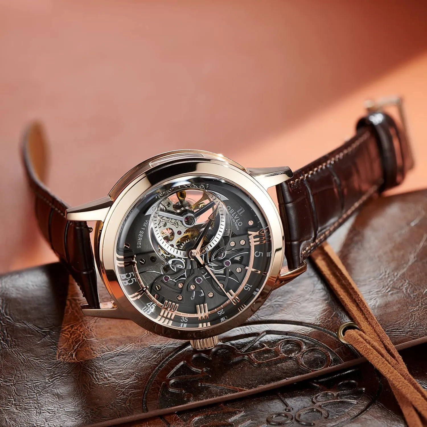 Waterproof Clock Dial 45mm VM Retro Sport Men careful patriarchal retail office Skeleton Automatic Watch Mechanical Calfskin Strap Mineral Crystal Glass 
