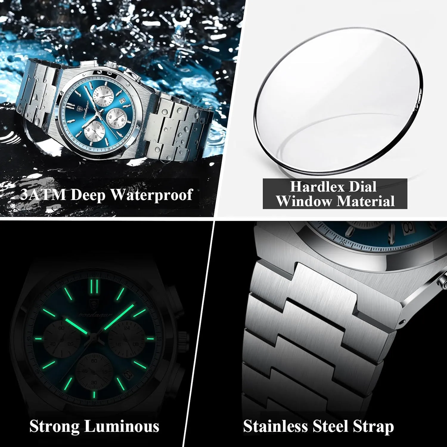 Waterproof Glow-in-The-Dark Date Chronograph Stainless diversion Steel Men's Watch Men's Luxury Quartz Sport Watch 