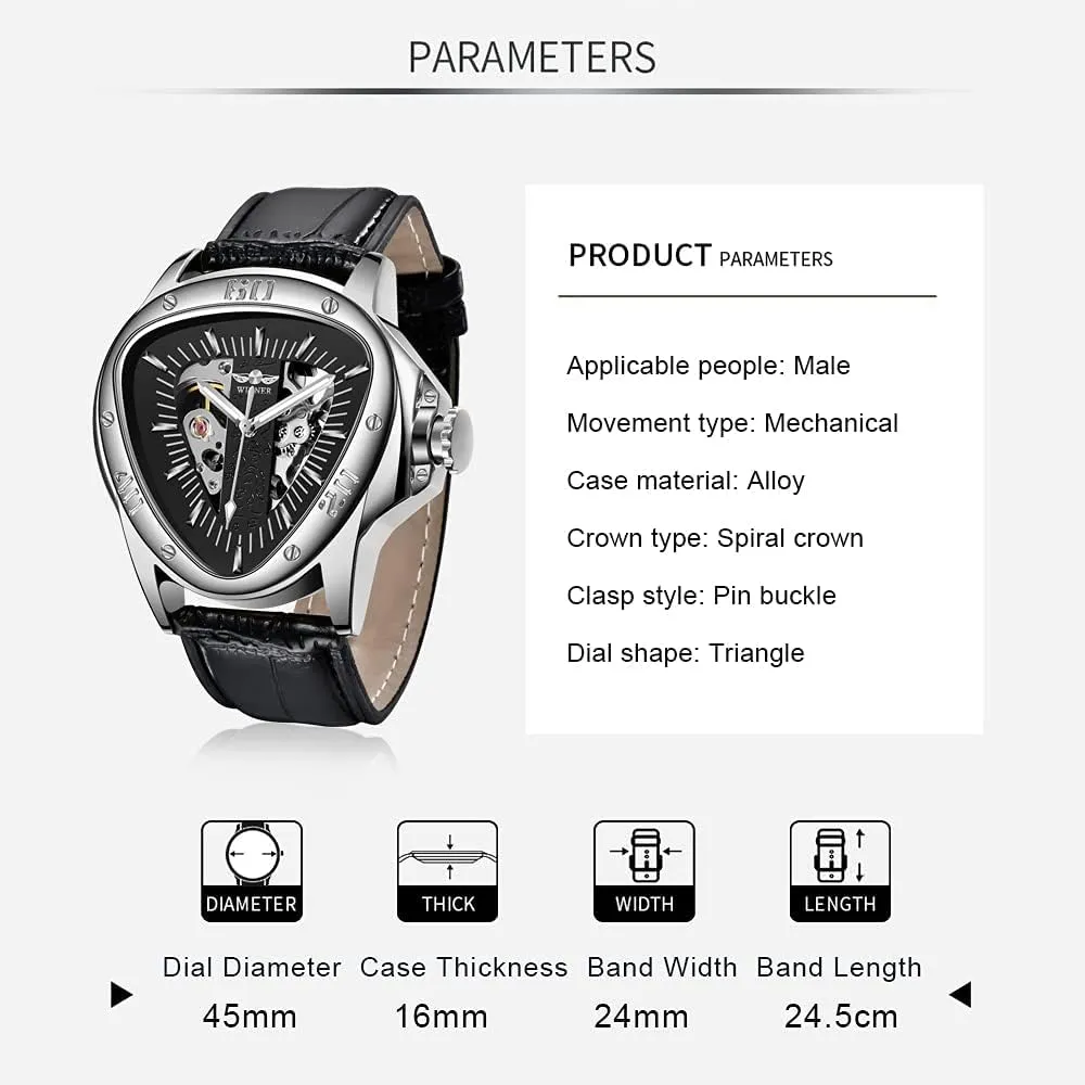 Waterproof Golden Skeleton Dial Automatic Movement eccentric lofty Leather Watch for Men Gosasa Men??s Triangle Racing Dial Mechanical Wrist Watch 