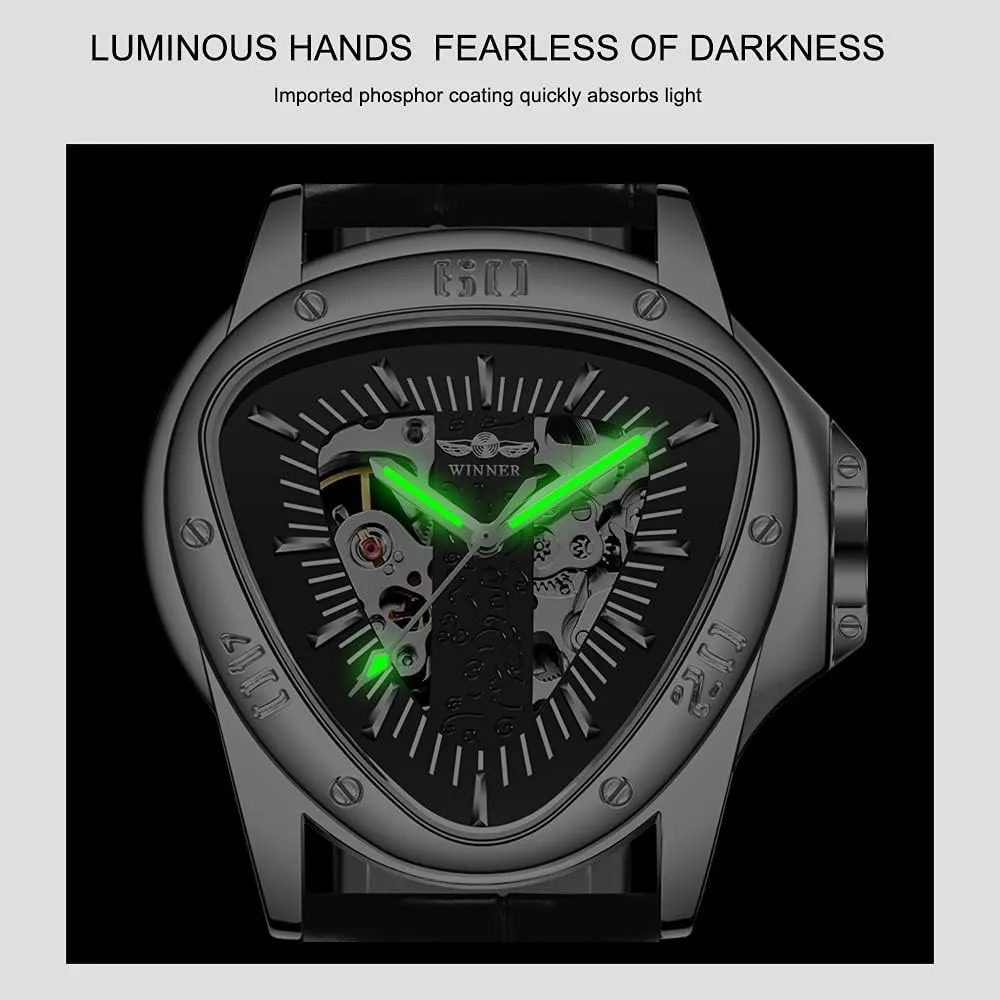 Waterproof Golden Skeleton Dial Automatic Movement eccentric lofty Leather Watch for Men Gosasa Men??s Triangle Racing Dial Mechanical Wrist Watch 